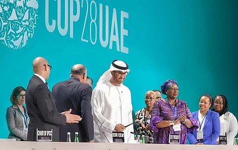 Sultan Al Jaber officially assumes the role of COP28 President after being passed the gavel by his predecessor, COP27 President Sameh Shoukry. Photo: @COP28_UAE / X