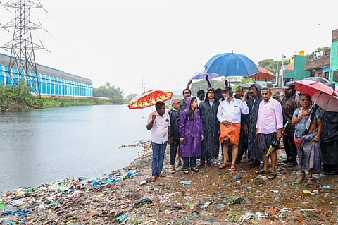 Mayor of Chennai, Priya Rajan (in purple) surveys preparations ahead of Cyclone Michaung. Photo: @PriyarajanDMK / X