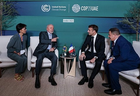 Brazilian President Lula da Silva (second from left) with  French President Emmanuel Macron (third from left) at COP28. Photo: @EmmanuelMacron / X (previously Twitter)