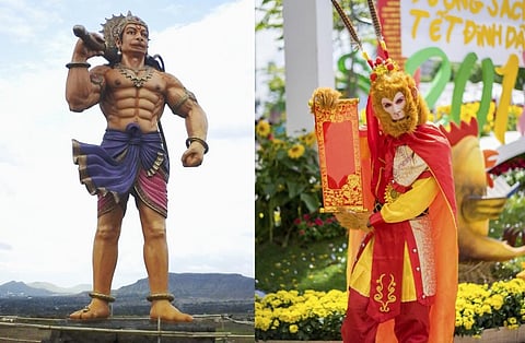 (Left) A Hanuman statue at Samarth Shrushti, Sajjangad Rd, Satara, Maharashtra.
(Right) A man dressed as Sun Wukong in Vietnam, a Sinicised culture. Photos from iStock. Collage by Ajit Bajaj/CSE
