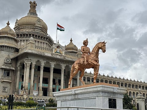 An equestrian statute of Kempe Gowda I, a chieftain who served the rulers of Vijayanagar and founded Bengaluru in 1537, at the Vidhanasoudha on an overcast day. Representative photo from iStock