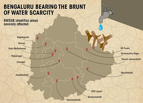 A map of some of the areas of Bengaluru identified by BSWBB that are bearing the brunt of water scarcity. Credit: Tarun Sehgal / CSE