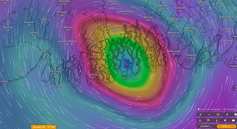 Screengrab from Windy.com showing Remal’s approximate area of landfall