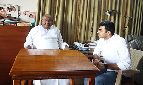 Member of parliament from Bangalore South constituency Tejasvi Surya (Right) with former Prime Minister of India HD Deve Gowda.