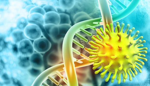 Illustration of virus cells attacking a DNA strand