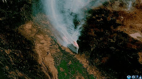 Satellite images shows how the Park Fire near Chico, Calif., created intense pyrocumulonimbus plumes, visible in white, in July 2024. 