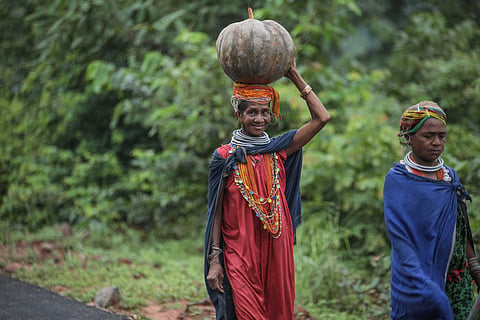 Bonda tribal women going for their day to day works in a village of Malkangiri, Odisha