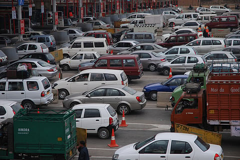 Heavy traffic jam near toll plaza of Delhi-Gurgaon border in New Delhi