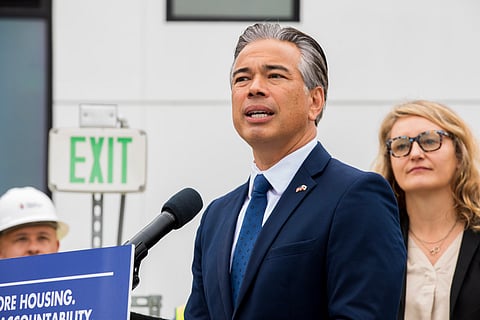 Attorney General Rob Bonta at a podium giving a speech