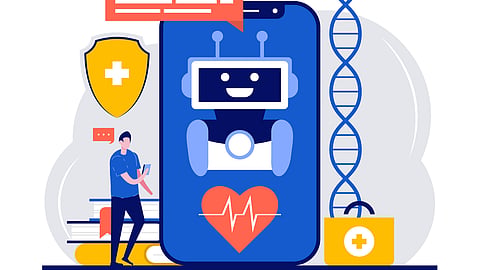 A digital illustration of Medical chatbot giving health treatment service to patient