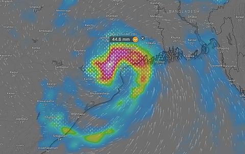 A Windy.com screengrab showing Cyclone Dana on the evening of October 23