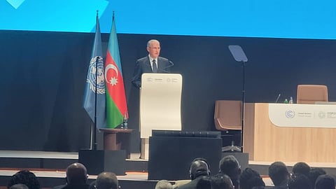 COP President Mukhtar Babayev speaking at the climate summit