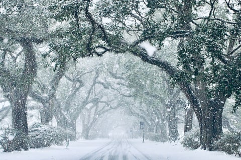 X user @CWGulfCoast shared photos of snow-covered roads in South Mississippi, US.