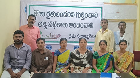 Kuruva Manjula (centre, in a light green and blue saree) and Chapala Sujatha (right, in a yellow saree) addressed a press conference alongside other tenant farmers and activists on May 12.