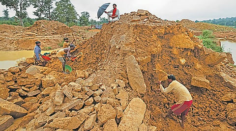 DIG IT UP 
Any farmer, landowner or a contractor who wants to search for diamonds gets the field registered and receives a patta that grants them the right to undertake mining activities for the year. The next step involves digging up the field to a depth of about 6 metres to unearth chunks of boulders, gravel and rubble. The digging of the field is usually completed before the monsoon. 