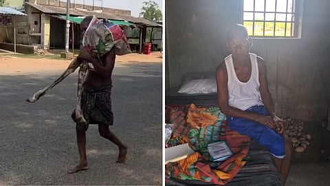 Images of Jitu Munda carrying his sister's remains on April 27, 2026 had made headlines (L); Munda now sitting inside his single room, on the iron cot he received as a donation.