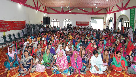 Members of Tharu tribe at a protest meeting in Lakhimpur Kheri in 2023