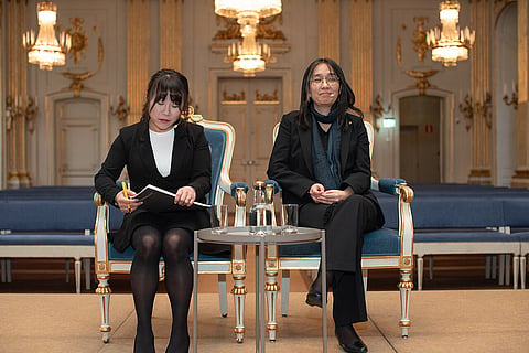 Han Kang of South Korea (Right), 2024 Nobel Prize Laureate in Literature, at the press conference during the 2024 Nobel Prize week in Stockholm, Sweden.