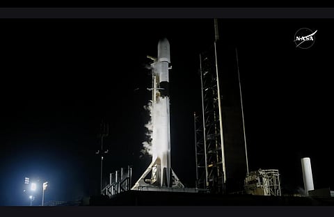 A SpaceX Falcon 9 rocket carrying Firefly Aerospace’s Blue Ghost Mission One lander lifts off from Launch Complex 39A at NASA’s Kennedy Space Center in Florida on January 15, 2025; its discarded upper stage is expected to strike the Moon.