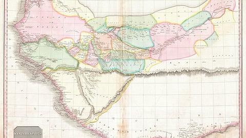 An 1818 map of western Africa shows the continent bisected by the mythical ‘Mountains of Kong’, based on the explorations of Mungo Park. 