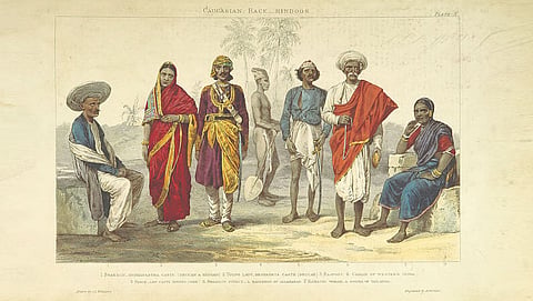 Select specimen from various Hindu castes, 1874, Imperial Gazetteer of India. From left to right: Konkanasth Brahmin man, Deshasth Brahmin lady, Rajput man, Koli fisherman, Pasi man from Awadh, Vaishnav Brahmin from Allahabad, Komati lady from Telangana 