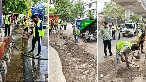 Dust Free Delhi campaign being implemented by MCD's Karol Bagh zone on major Public Works Department roads exceeding 60 feet in width. 