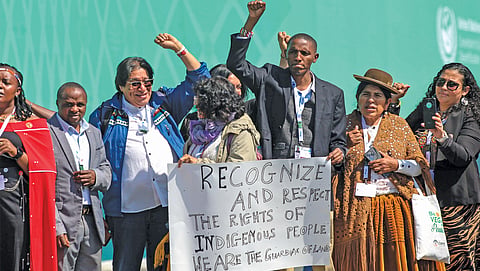 Members of Indigenous Peoples and Local Communities caucuses protest outside the 17th Conference of the Parties to the UN Convention to Combat Desertification, demanding inclusion in decision-making processes during the meeting  
