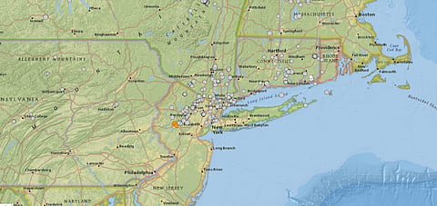 A map of earthquakes over the past century. The large orange dot was a magnitude 4.8 on April 5, 2024. Photo: USGS