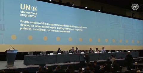 Plenary at the fourth session of the Intergovernmental Negotiating Committee on plastic pollution, including in the marine environment (INC-4) taking place from 23-29 April 2024 at the Shaw Centre in Ottawa, Canada. Screengrab: UN Web TV