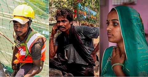बाएं से दाएं, निर्माण श्रमिक रोहित कुमार पासवान, बॉयलर प्लांट श्रमिक भीम सिंह और दर्जी काजलबेन इन सभी को काम के दौरान अत्यधिक व तीव्र गर्मी का सामना करना पड़ रहा है। तस्वीरें: जोएल माइकल / सीएसई