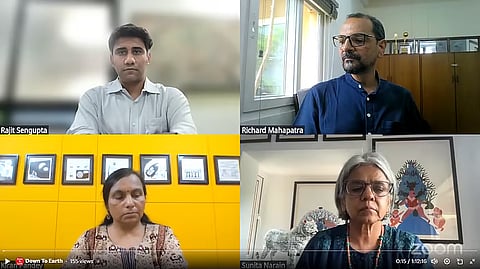 रिपोर्ट के विमोचन के अवसर पर सुनीता नारायण, रिचर्ड महापात्रा, रजित सेनगुप्ता और किरण पांडे।
