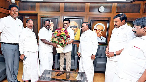 Chief Minister and DMK president MK Stalin with TNCC chief
K Selvaperunthagai after a meeting on the Secular Progressive
Alliance’s poll prospects at Anna Arivalayam on Saturday