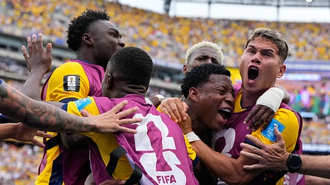 Ecuador's Gonzalo Plata, center right, celebrates scoring his side's second goal against Germany during the World Cup Group E soccer match in East Rutherford