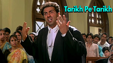 The dialogue is from 1993 Hindi movie Damini by Sunny Deol