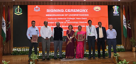 Prof V Kamakoti, Director, IIT Madras, and National Defence College officials during the MoU signing event at Delhi