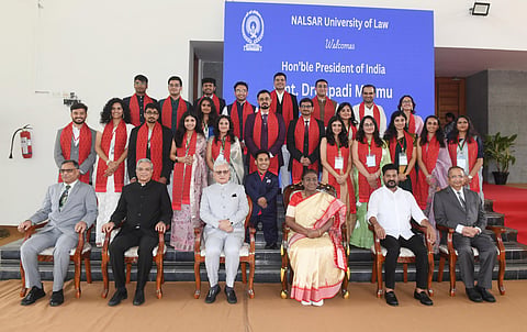 President Droupadi Murmu with fresh graduates of the NALSAR University of Law.