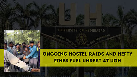 Students gather in protest outside the administration building, demanding an end to raids and action on hostel grievances