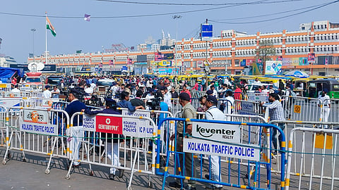Police personnel stand guard as security heightens ahead of RG Kar rape-murder case at Sealdah court, in Kolkata on Saturday, January 18. 