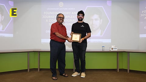IIT Madras Prof B Ravindran presents memento to his Student & Perplexity AI CEO Dr Aravind Srinivas at IIT Madras on January 18, 2024