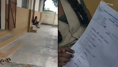 Visuals from the viral video show the student seated outside the classroom, forced to write the exam without a table or chair