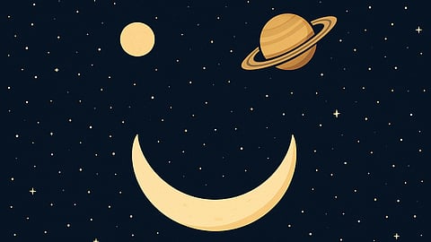 The rare alignment formed a triangle of light, with the Moon as the smile and the planets as eyes

