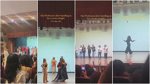 Professors from Kamala Nehru College taking the stage at their Class XII farewell

