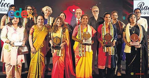 Devi awardees alongside chief guest Justice V Ramasubramanian (Chairperson of National Human Rights Commission), Prabhu Chawla (Editorial Director, The New Indian Express), Lakshmi Menon (CEO, The New Indian Express) and T Kalyan Chakravarthy (Resident Editor, The New Indian Express, Telangana) at ITC Kakatiya in Hyderabad on Sunday 