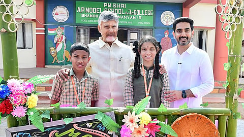 CM Nara Chandrababu Naidu and Minister for IT Nara Lokesh during the Mega Parent Teacher meeting at Bhanini of Parvathipuram-Manyam district on Friday. 