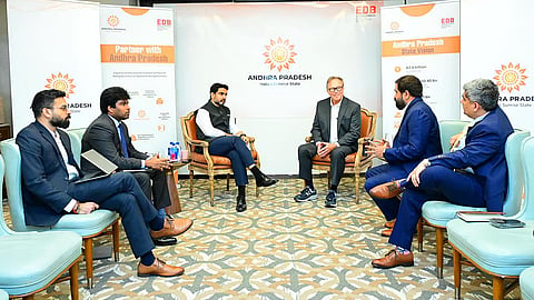 Minister for IT Nara Lokesh during meeting with Creativeland founder Sajan Raj Kurup in USA on Tuesday. 