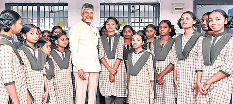 Chief Minister N Chandrababu Naidu interacts with students of Social Welfare Residential School in Anakapalle district.
