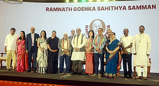 Vice President CP Radhakrishnan with the winners of the 2025 RNGSS awards at the third Ramnath Goenka Sahithya Samman in Chennai.