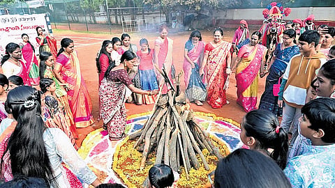 Journalists and their families take part in Sankranti celebrations organised by the Amaravati Press Club on Sunday