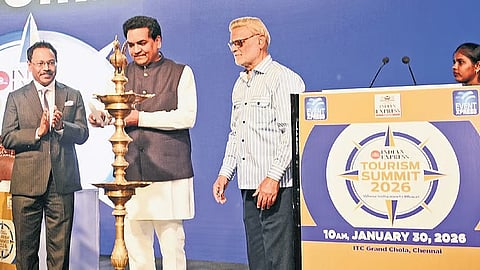 Delhi Tourism Minister Kapil Mishra lighting the lamp at the summit in Chennai on Friday. Director General for Tourism Suman Billa, TNIE Editorial Director Prabhu Chawla  are also seen 