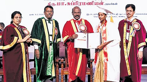 Health Minister Ma Subramanian awarding degrees during the nursing graduation day on Monday at the Tamil Nadu Dr MGR Medical University 